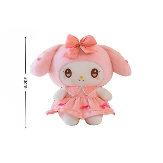 Kuromi My Melody Plush Doll Princess Dress, Collectible Sanrio Stuffed Animal with Pink Bow & Ruffled Collar