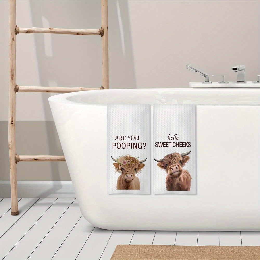 Highland Cow Hand Towels Set of 2 Funny Farmhouse Bathroom Decor Hello Sweet Cheeks Kitchen Towel 16x24 Inch Washroom Gift