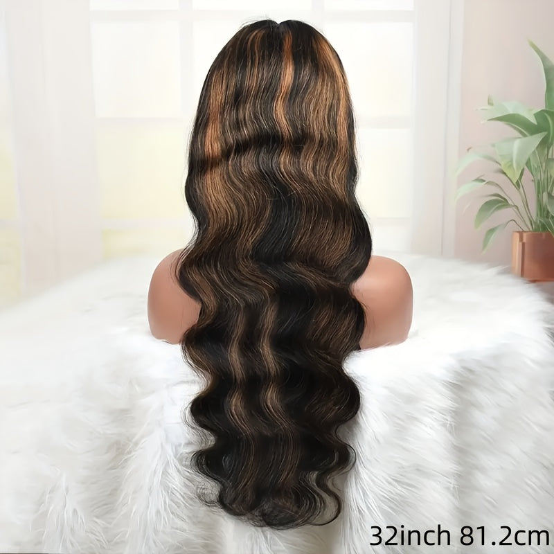 200% Density Lace Front Wig Human Hair Brown Highlights Long Wavy Pre-Plucked Glueless Heat, for Home, Travel and Salon Hair Styling