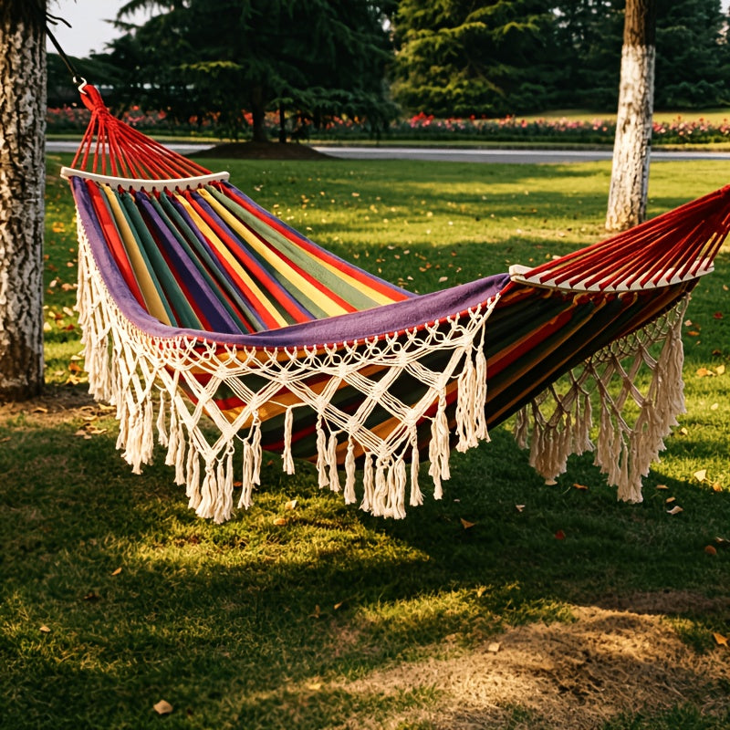 Hammock shown in the Large Red Tassel Hammock option