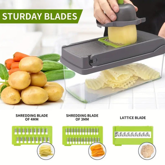 16-in-1 Vegetable Chopper with Clear Container, Eight Blade Inserts, Cleaning Button and Green Accessory Set