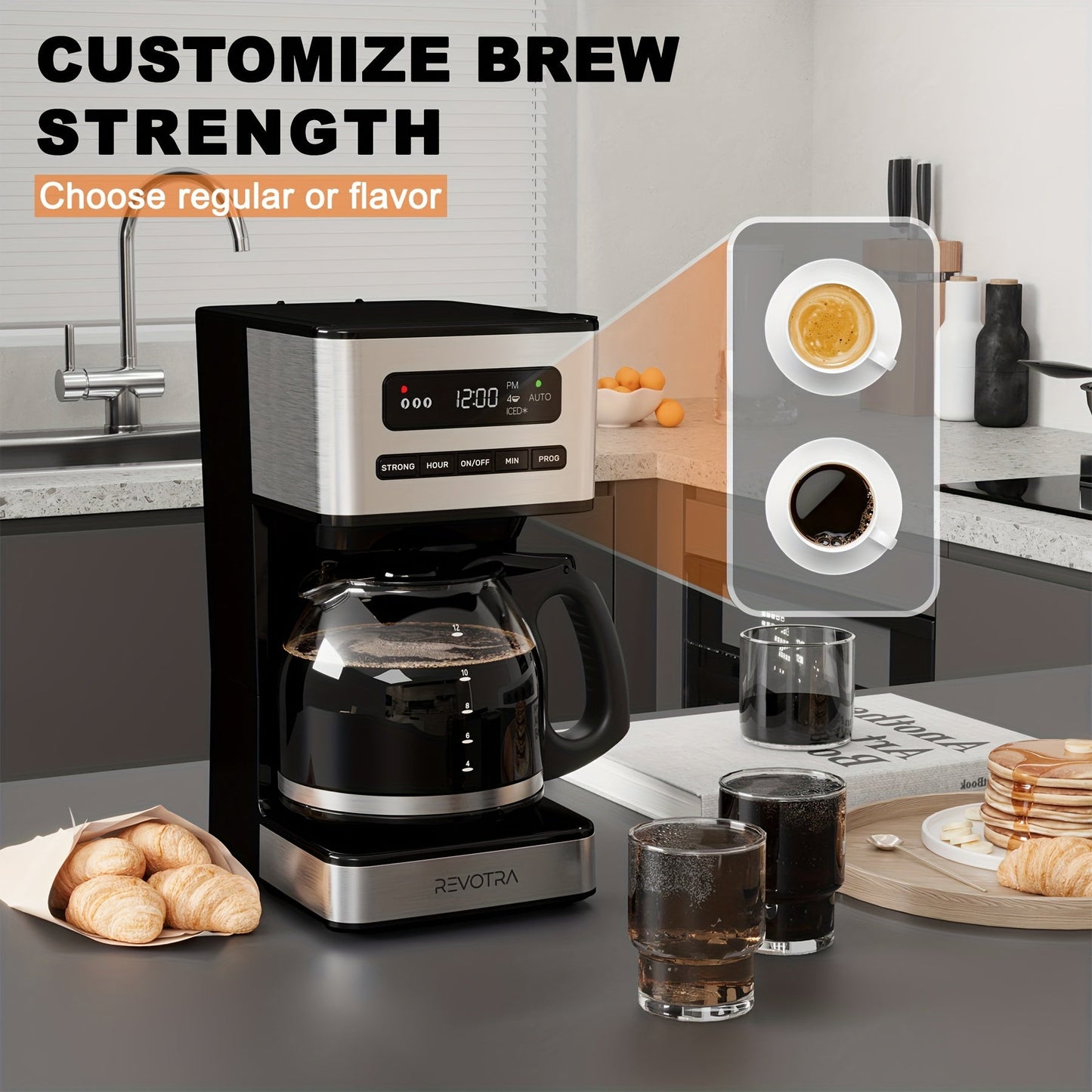12-Cup Programmable Drip Coffee Maker, Regular & Strong Brew, Iced Coffee Setting, 1-4 Cup Mode, 24H Timer