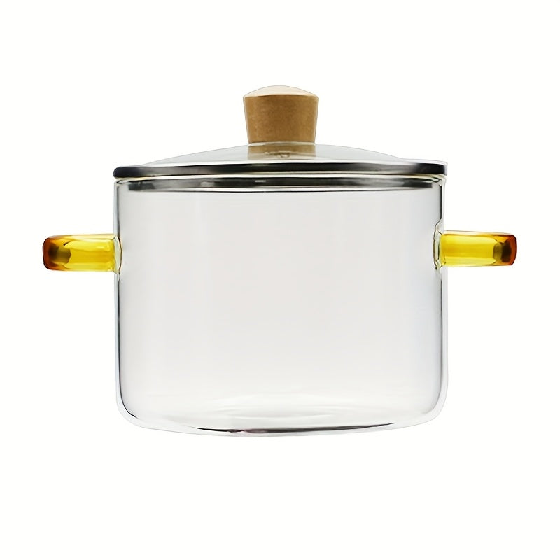 1.6L Transparent Glass Cooking Pot with Lid and Green or Yellow Side Handles for Soup, Noodles and Milk