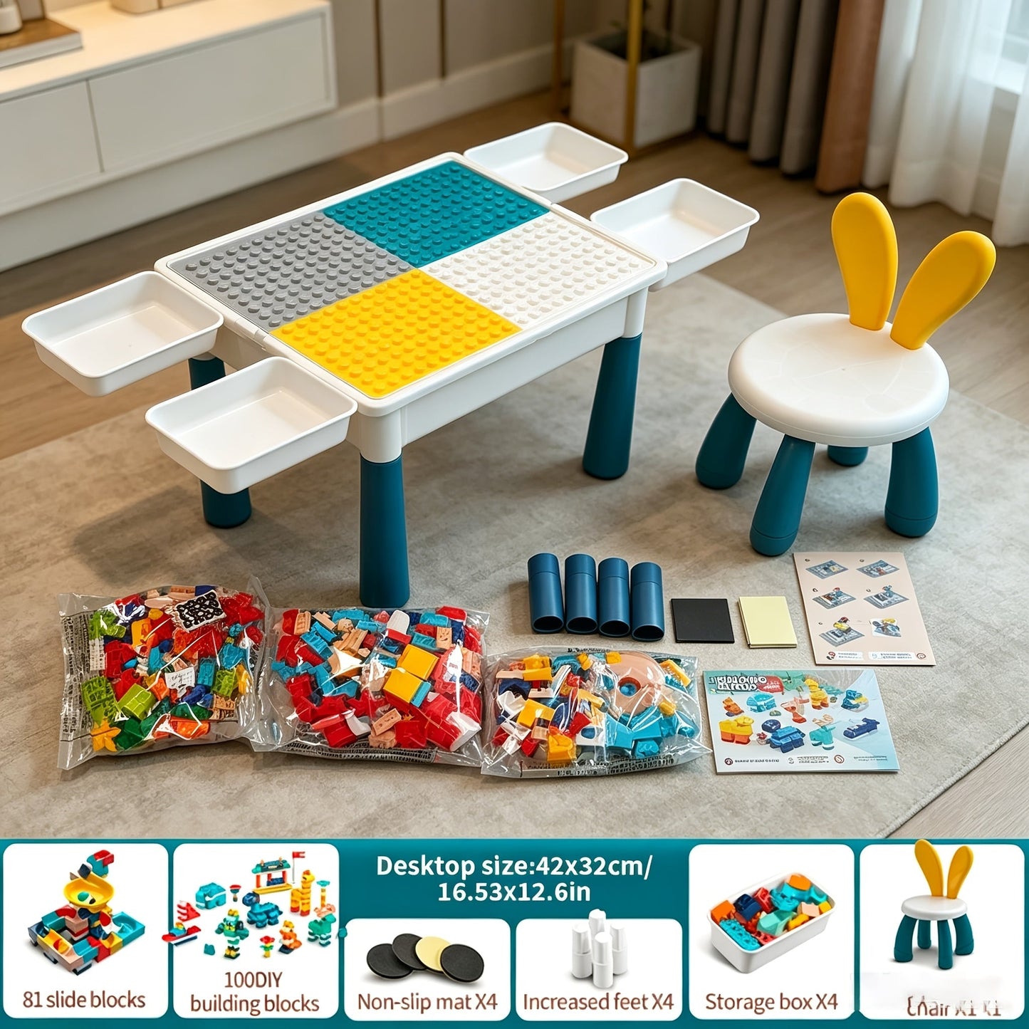 Kids Building Block Table & Chair Set with Storage Boxes with the Listed Color, Size or Set Options for Everyday Use