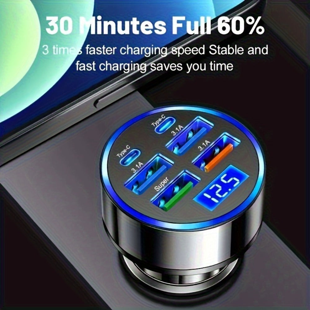 6-in-1 Car Charger 2-Pack with Ambient Light & Voltage Display, Dual PD Fast Charge + QC3.0 + 4 USB Ports Matte Finish