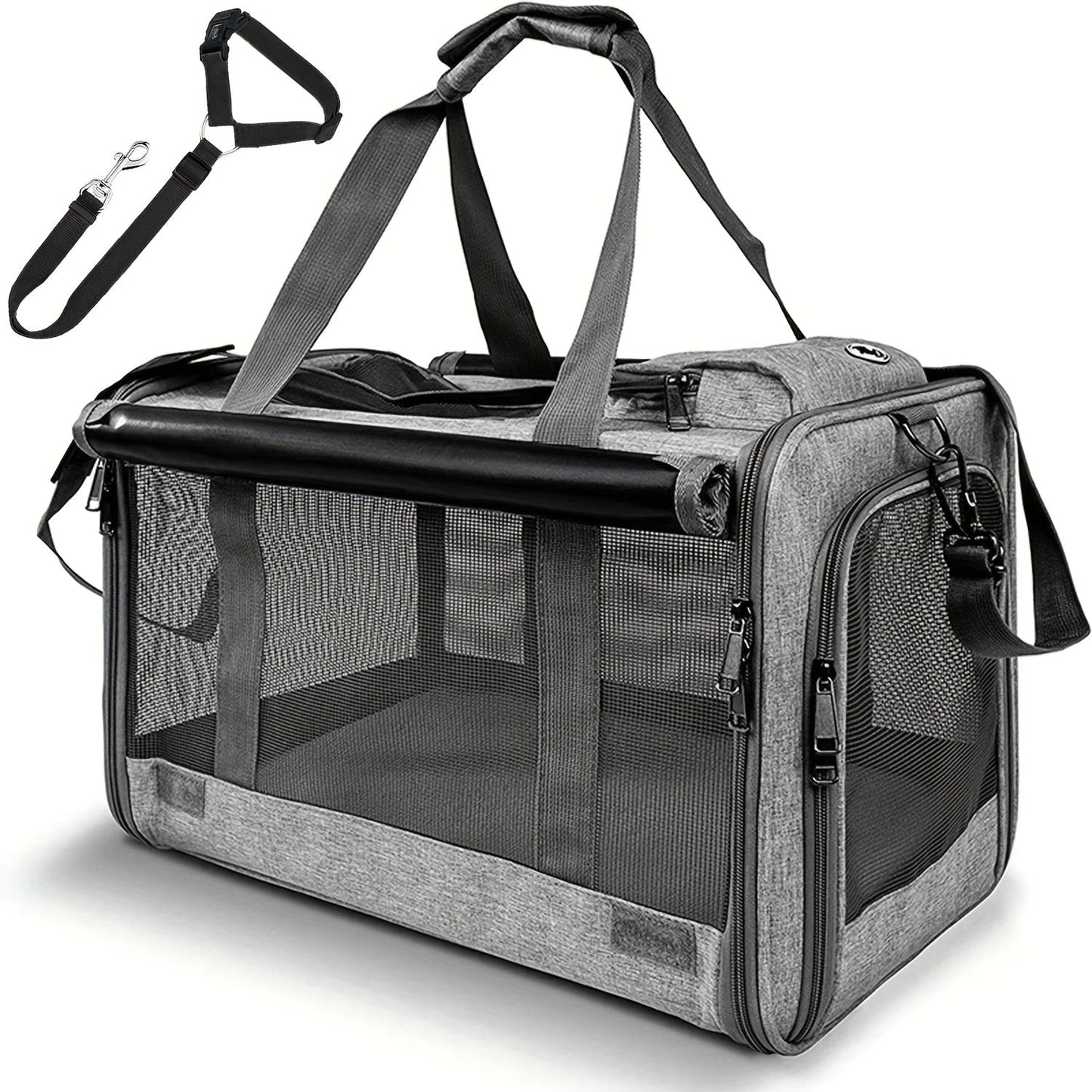 Foldable Pet Carrier Tote with Wide Mesh Panels, Zippered Access, Top Handles and Detachable Shoulder Strap