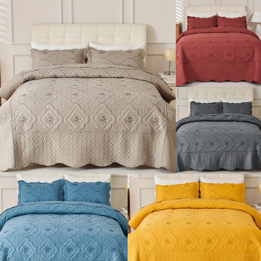 Quilt Set 3 Piece Floral Embroidery Bedspread – 100% Polyester Wrinkle Resistant Lightweight Quilted Coverlet with 2 Pillow Shams for Full