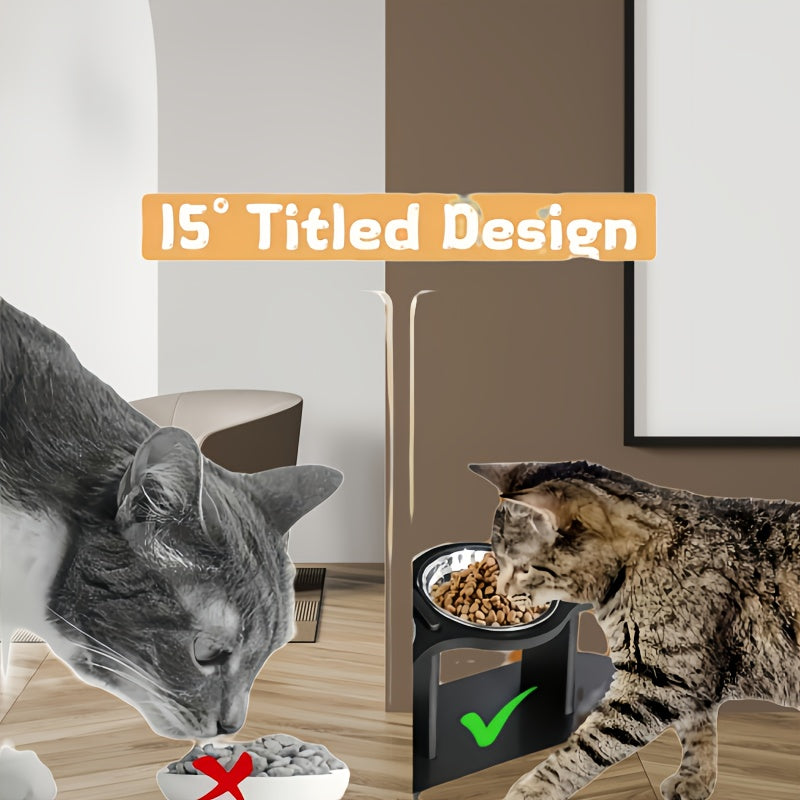 Elevated Cat Bowl – Adjustable Height Stainless Steel Raised Feeder with Anti-Spill Black Wooden Base, Indoor Food & Water Dish for Cats