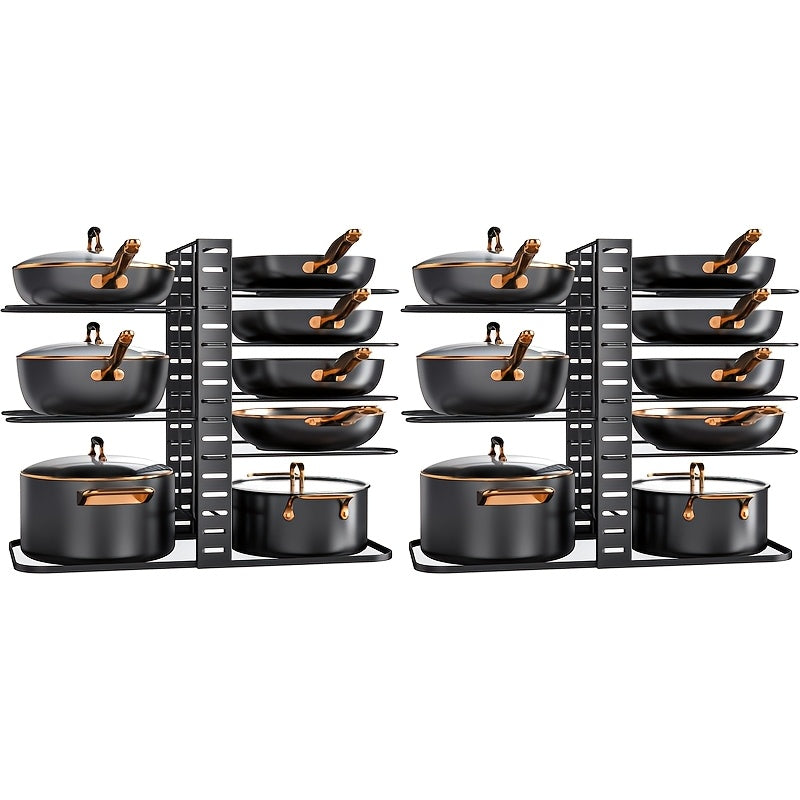 Eight-Tier Pot and Pan Organizer Rack in Black with Side Cookware and Lid Positions, One- or Two-Piece Sets