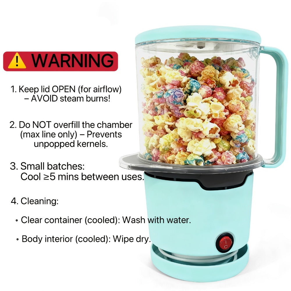 Oil-Free Popcorn Maker Hot Air Popcorn Machine 2-Minute Quick Popping 95% Pop Rate Built-In for Home Cooking, Dining and Outdoor Meals