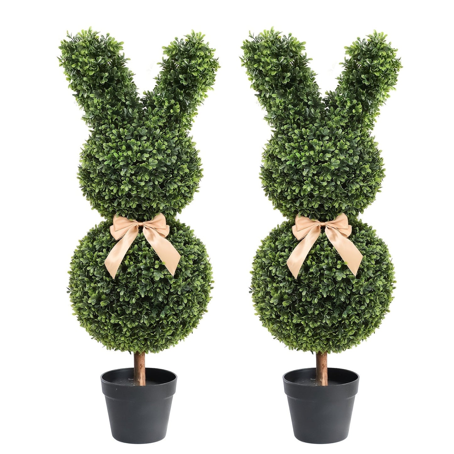 Artificial Boxwood Bunny Topiary 2-Pack, 3Ft Faux Rabbit Garden Statue with Bow, Indoor Outdoor Easter Spring Porch Decor