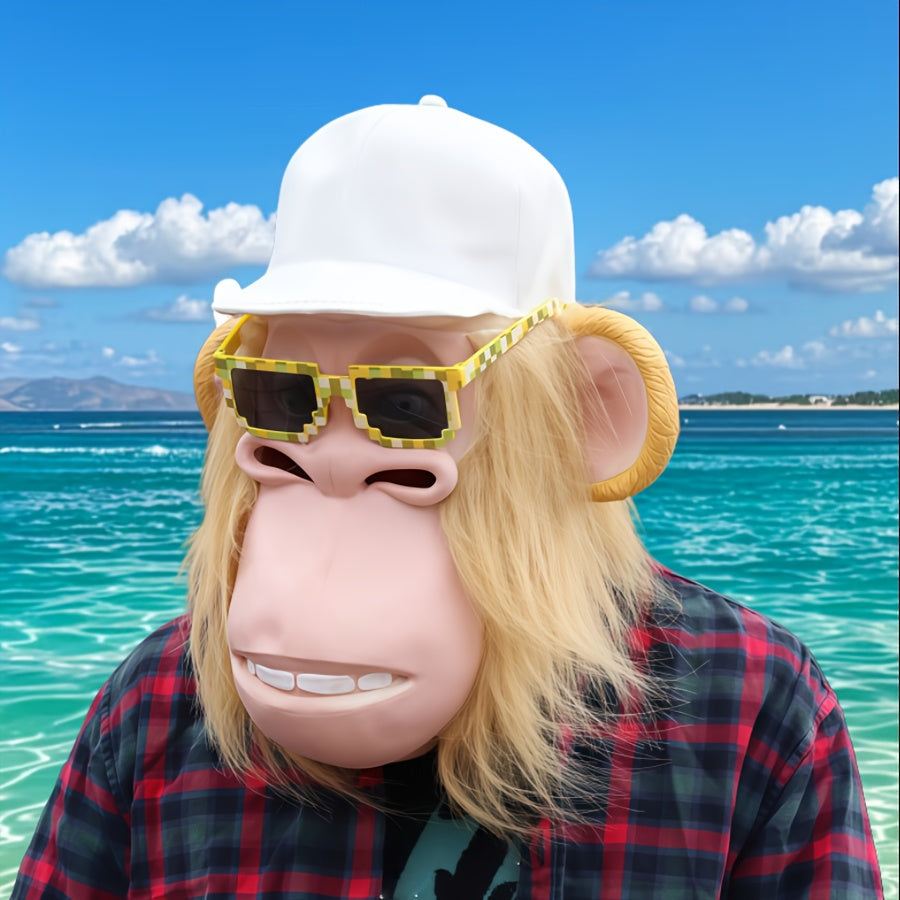 White-Haired Cartoon Ape Full-Head Costume Mask with White Cap and Pixel-Style Glasses in Two Face Styles