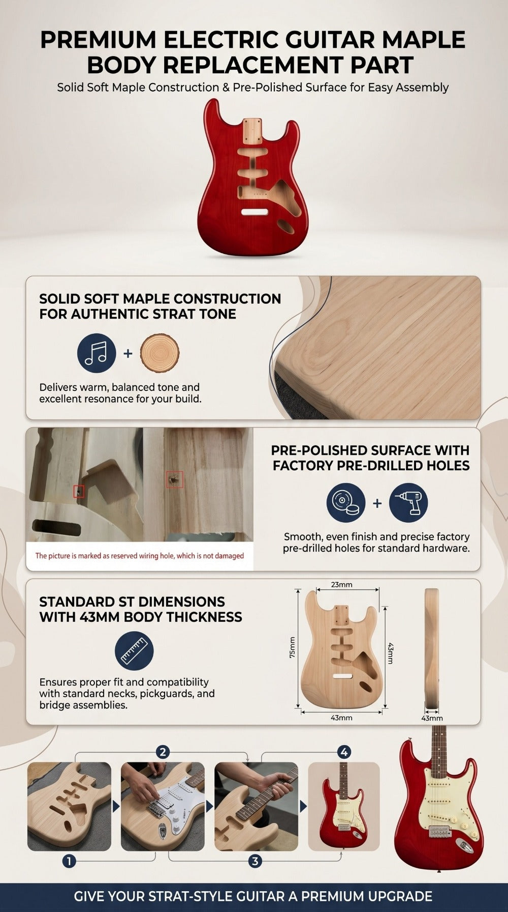 Guitar Stand, 43mm, Solid, Maple, Electric for Holding And Displaying Guitars detail image - detail view 8