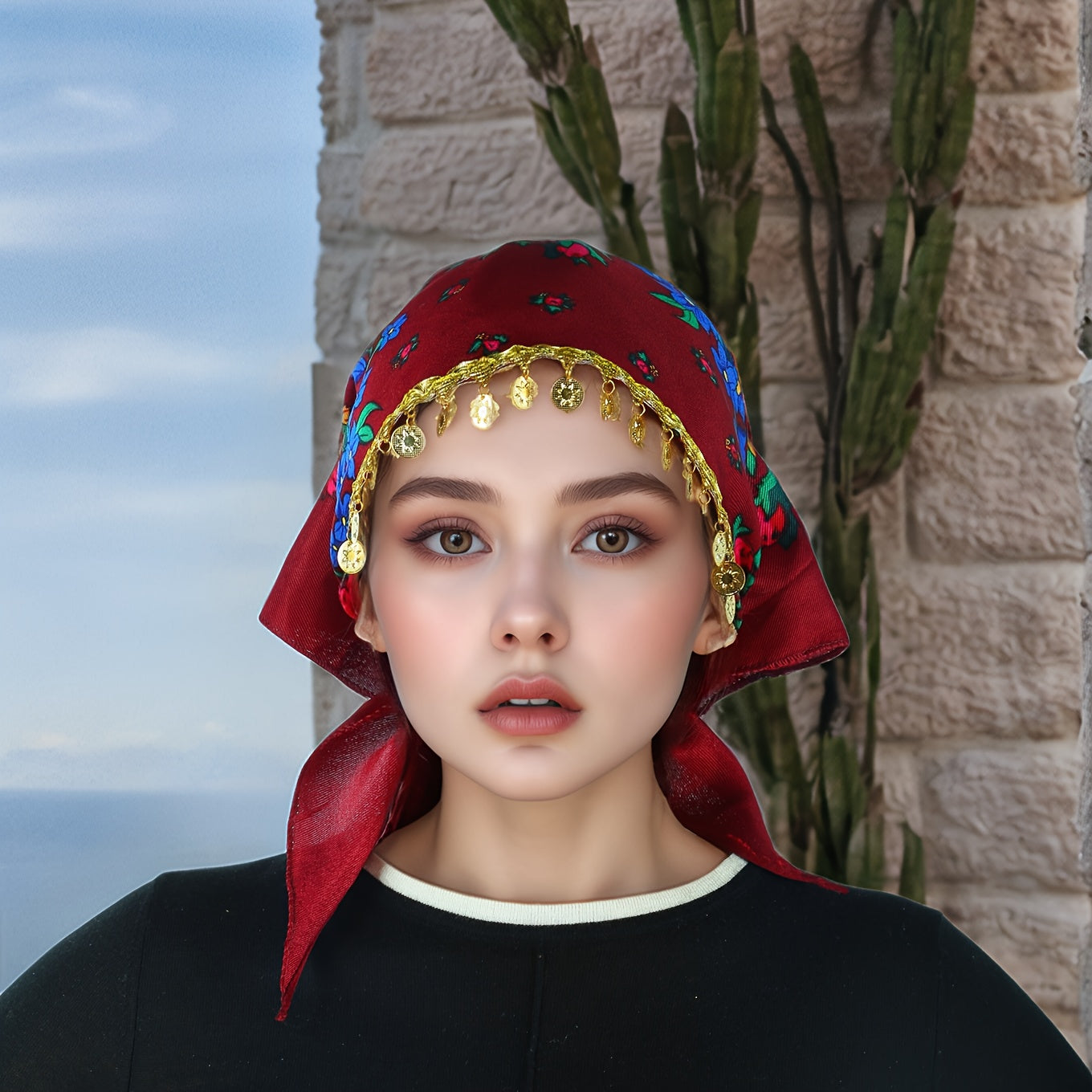 Headscarves & Bandanas - Peony Floral Headscarf with Golden Sequin Trim Lightweight Breathable - product detail view 42