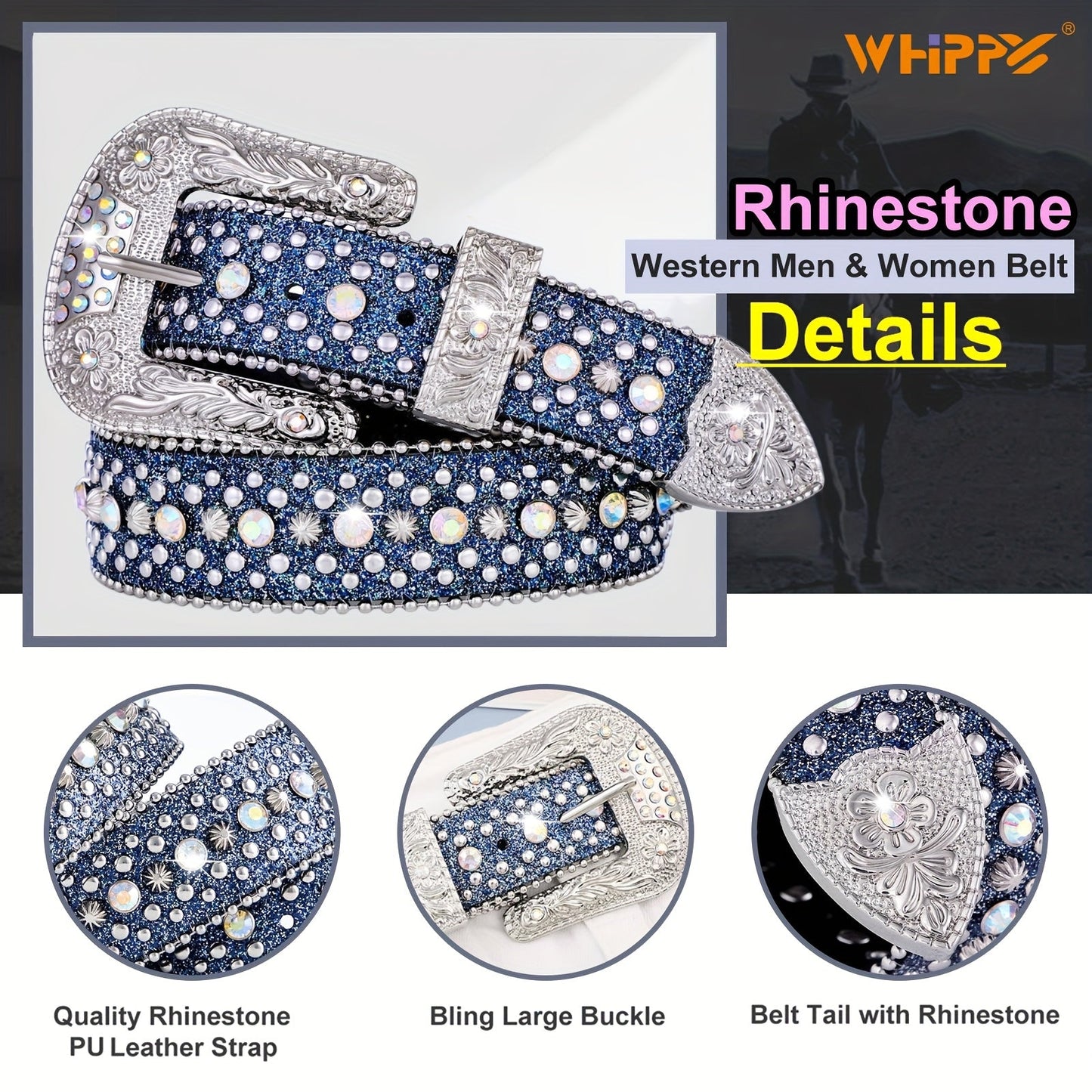 Men's Belt - Rhinestone for Western Cowboy Faux Crocodile Leather Strap Rivet Detail - product detail view 39
