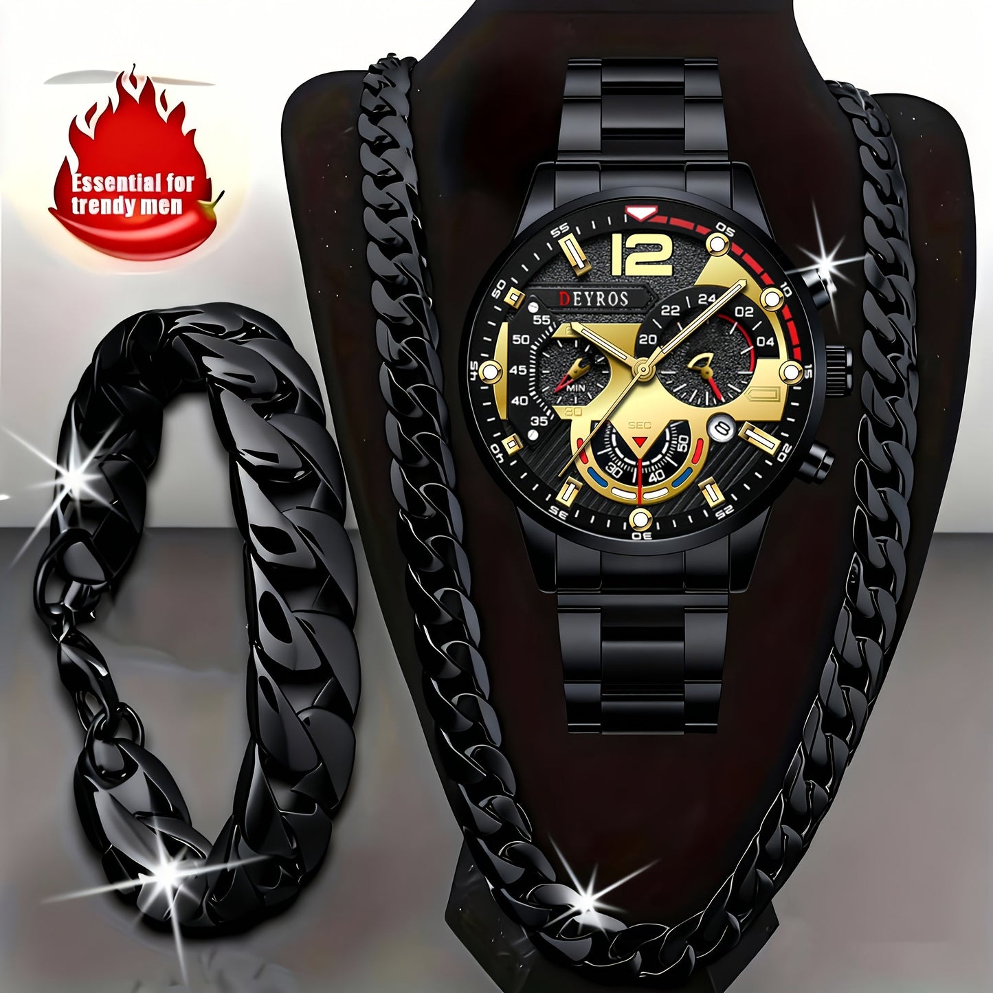 Men's Quartz Watch - 's Analog Set 3pcs Wristwatch, Matching Necklace & Bracelet Combo for - product detail view 15