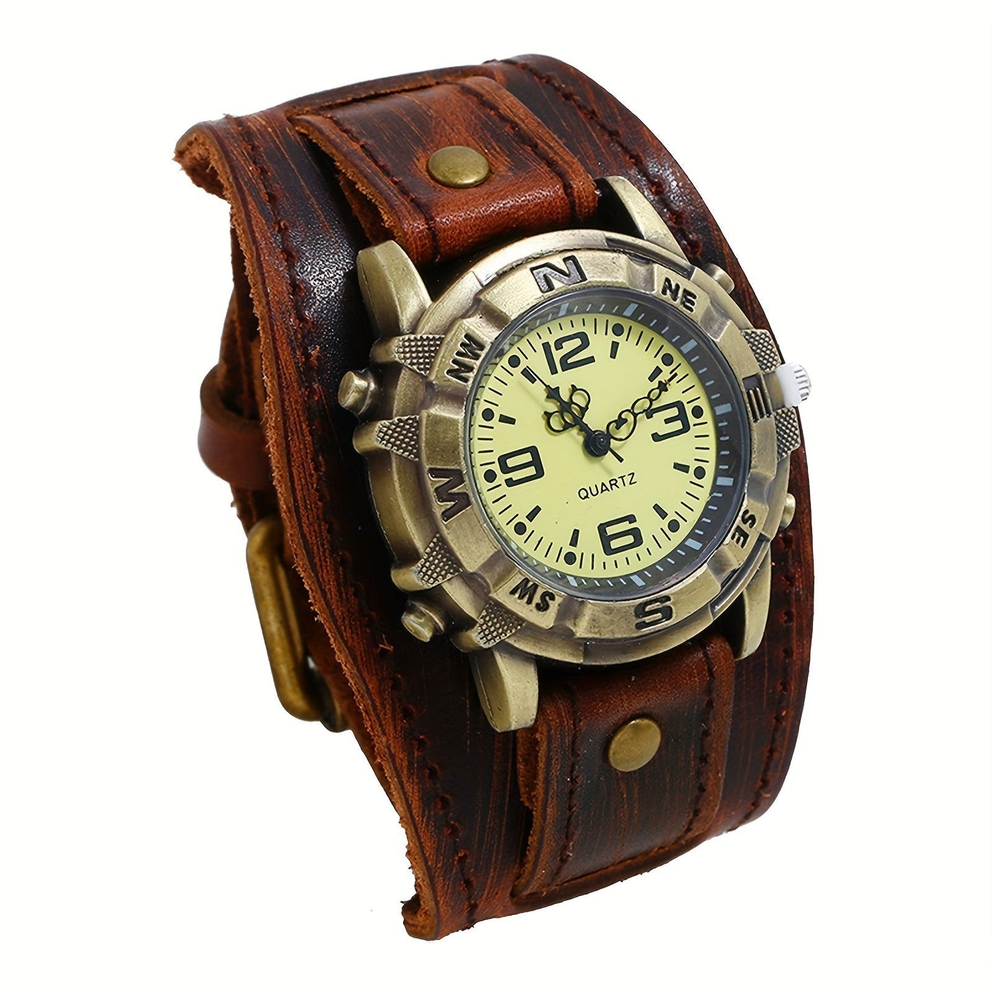 Men's Quartz Watch - Steampunk Vintage Wide Leather Strap Analog Wristwatch for Women Biker - product detail view 20