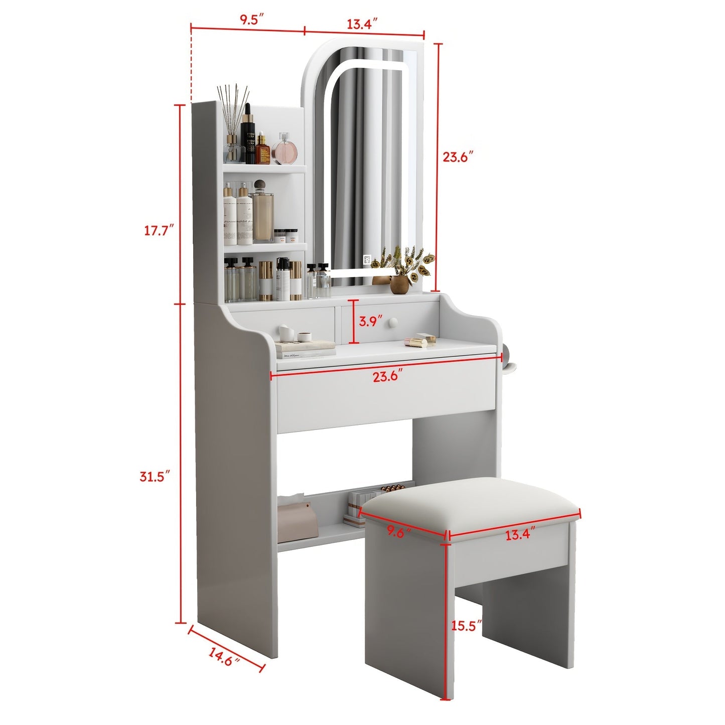 Vanity Tables shown in the White, 23.6"L x 14.6"W x 49.2"H option