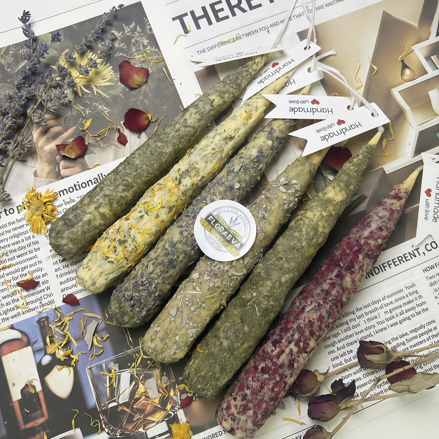 Handmade Herbal Scented Candles Set of 6, Dried Flower Pillar Candles, Sage Lavender Cedar Mint Rose Scents