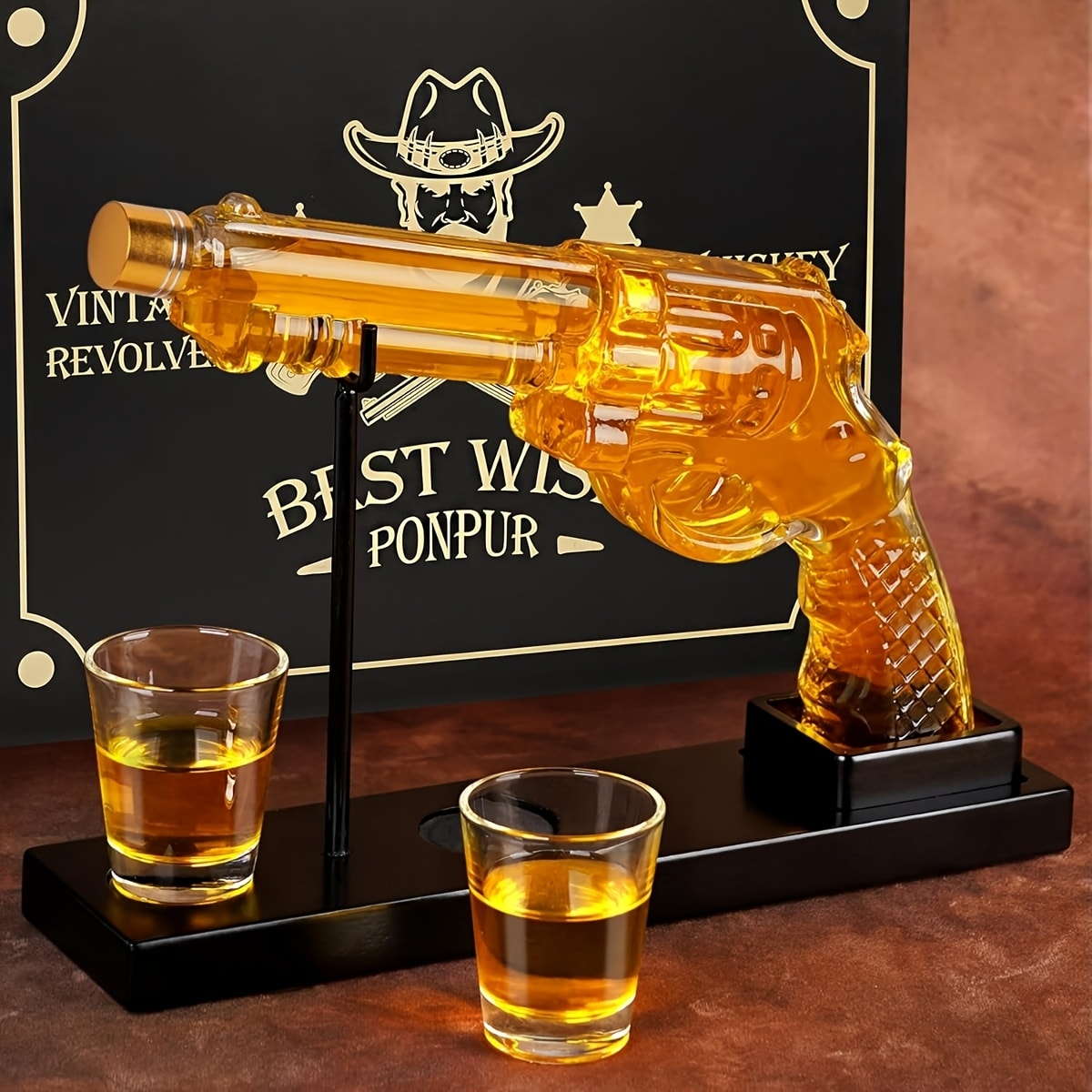 Gun Whiskey Decanter Set with Glasses Military Themed Liquor Dispenser AK47 M1911 Revolver for Entryways, Bedrooms and Living Spaces