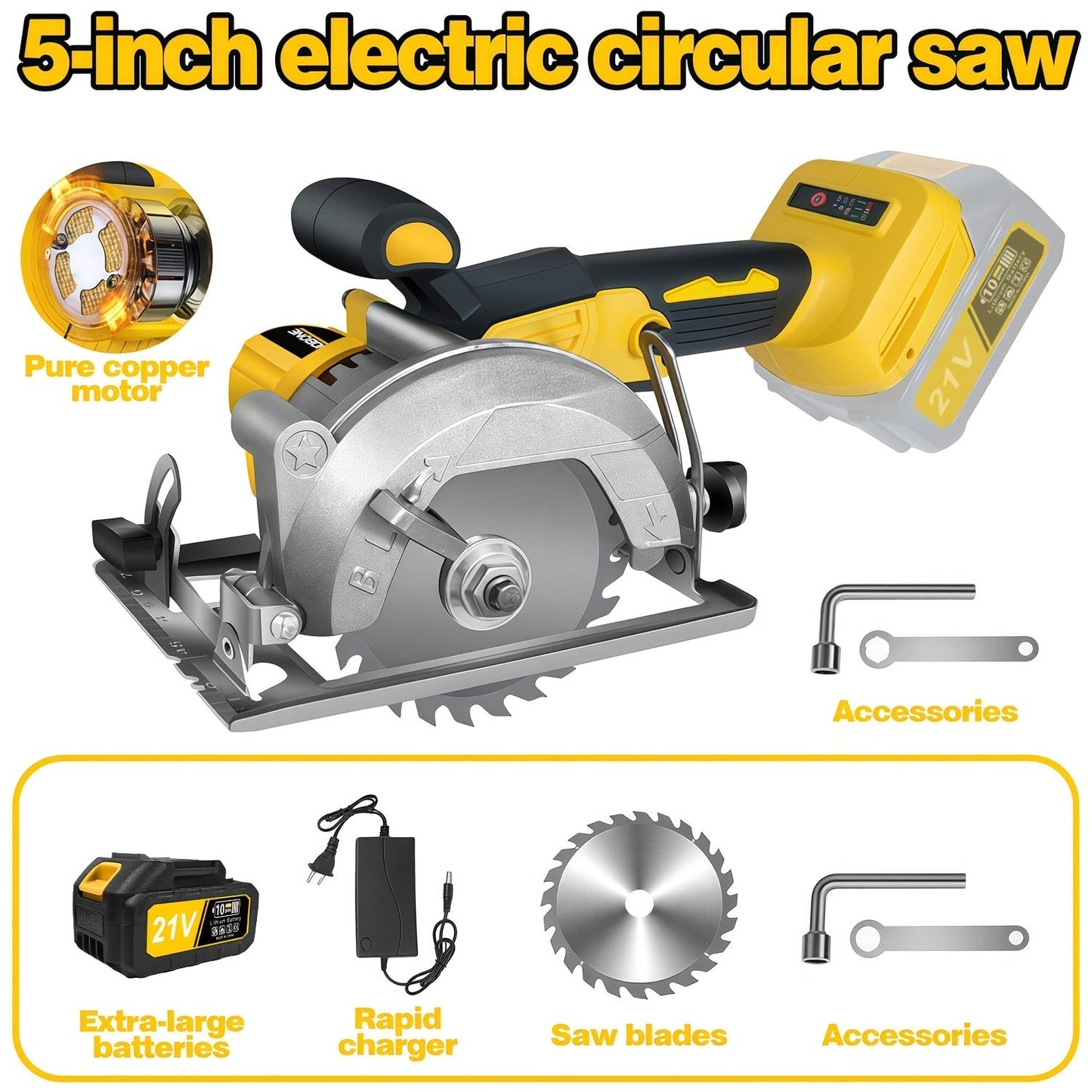 Brushless Circular Saw Kit 5-Inch 6900RPM with 4000mAh Battery Charger 4 Blades 45 Degree for Entryways, Bedrooms and Living Spaces