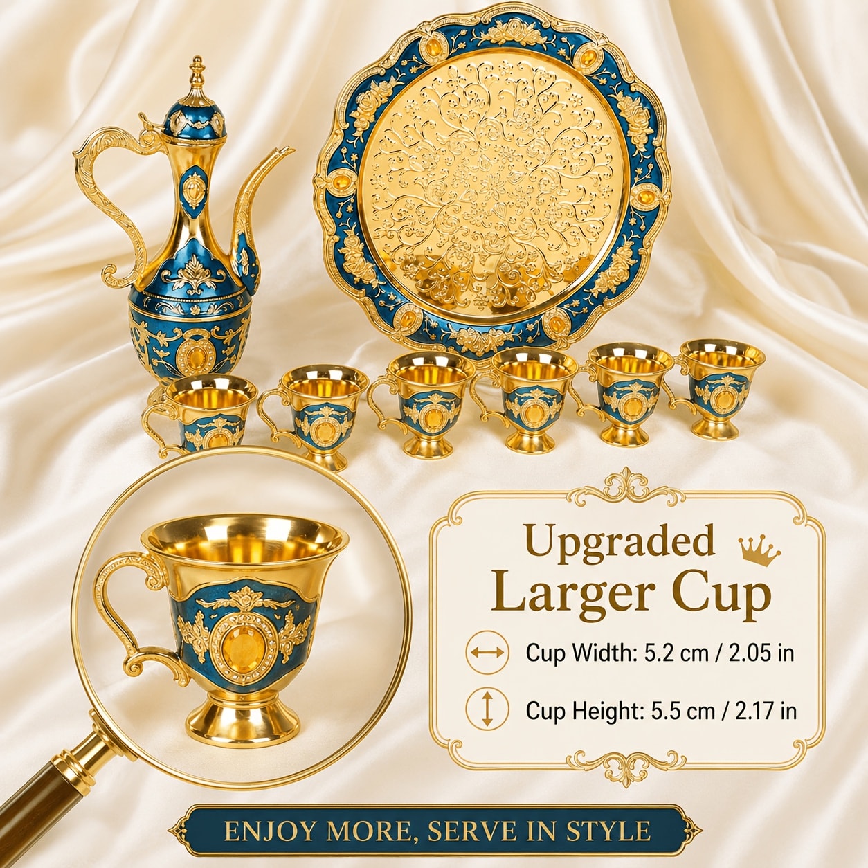 Vintage Turkish Coffee Tea Set – Zinc Alloy Teapot, 6 Cups & Tray | European Style Luxury Gift Set for Tea, Coffee & Cappuccino