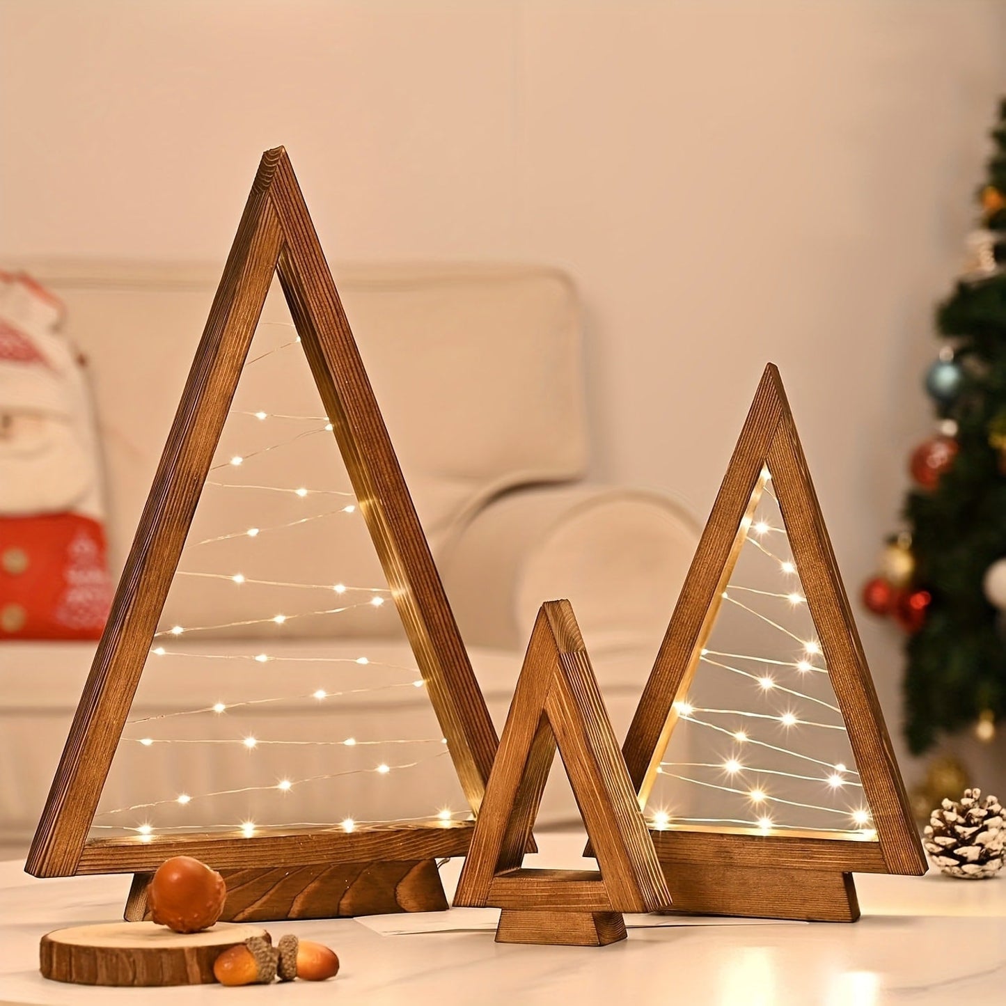 Wooden Light-Up Desktop Christmas Trees USB Powered - Mini Lighted Wood Tree Set for Holiday Decoration