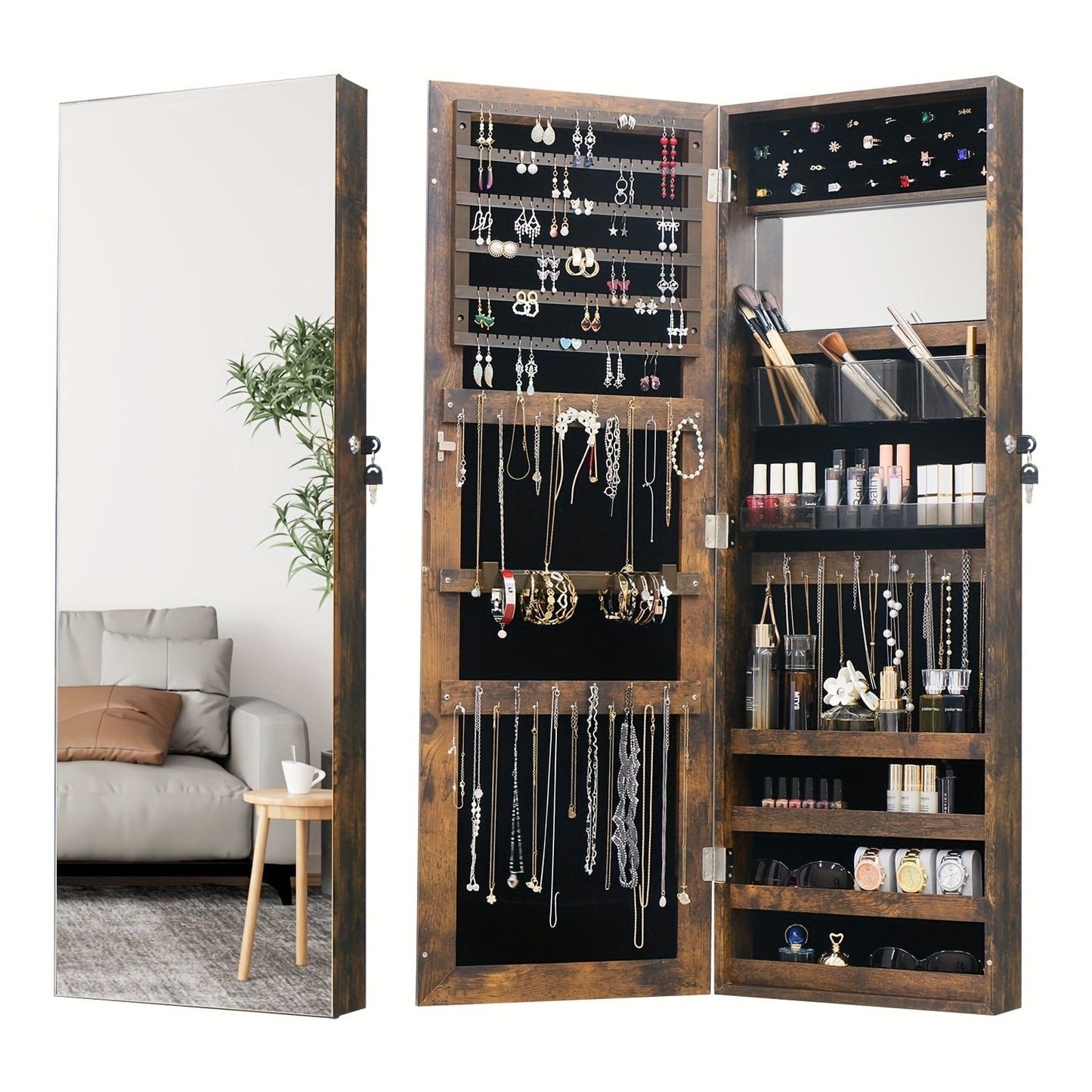 Full Length Mirror Jewelry Armoire Cabinet, 2-in-1 Lockable Over the Door Mirror with Jewelry Storage, Makeup Organizer with Baskets Bins
