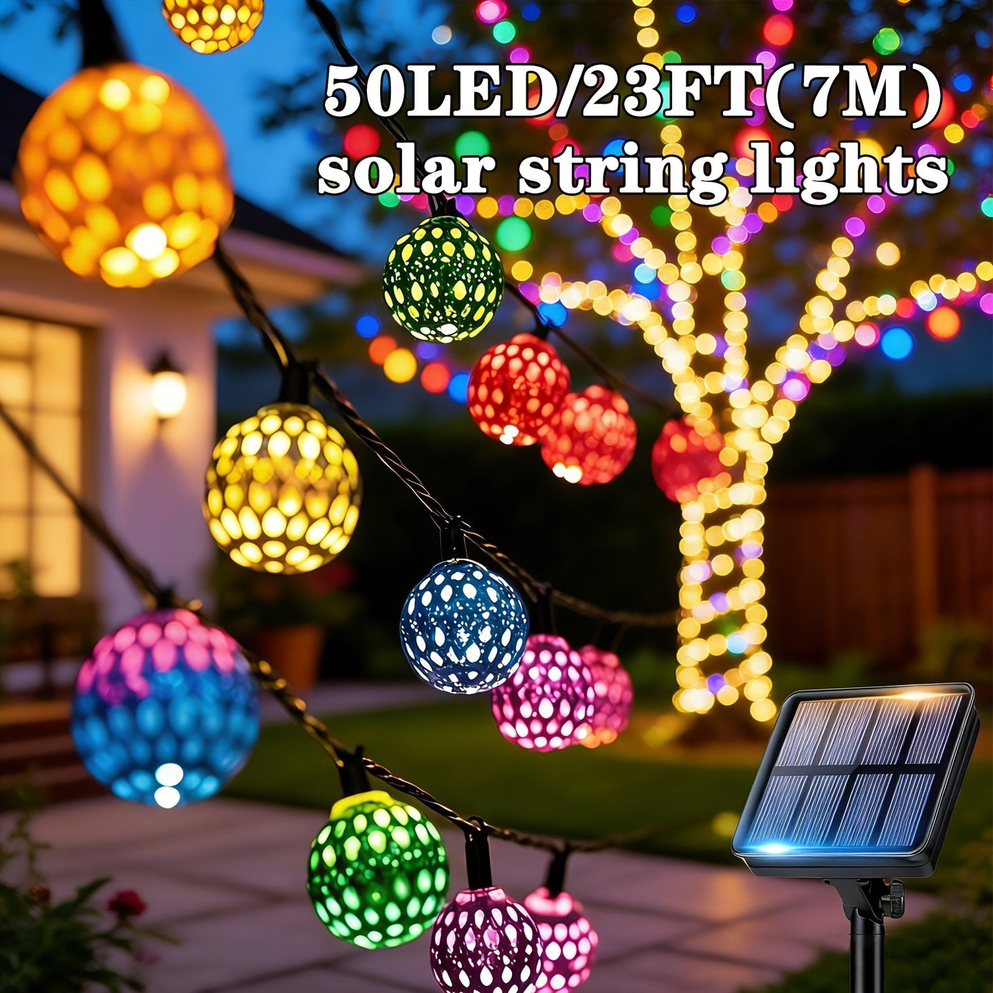 Moroccan Solar String Lights Outdoor – Metal Sphere Fairy Lights with 20/30/50 LED Beads, 8 Modes