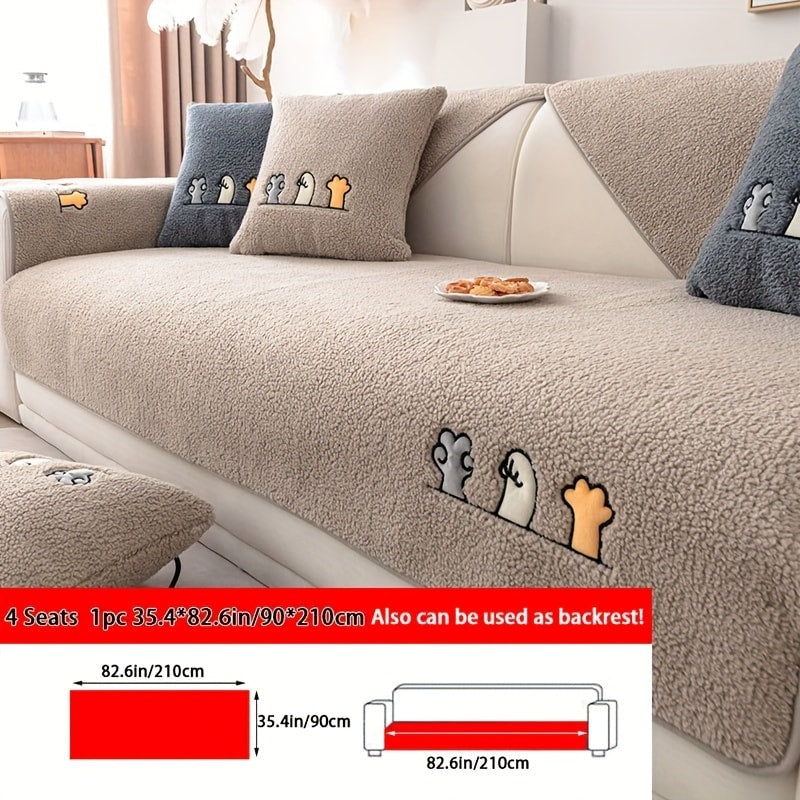 Sofa Cover Thick Plush Shearling Panels with Animal and Bone Embroidery and Backing Detail for 2 to 4 Seats