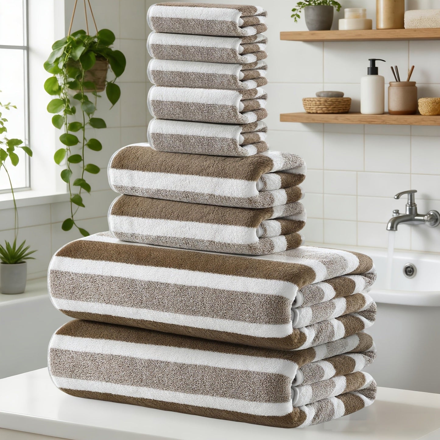 Towel Set 9 or 15 Piece 320GSM Coral Fleece Striped Mix in Five Solid or Mixed Colors for Home and Guest Use