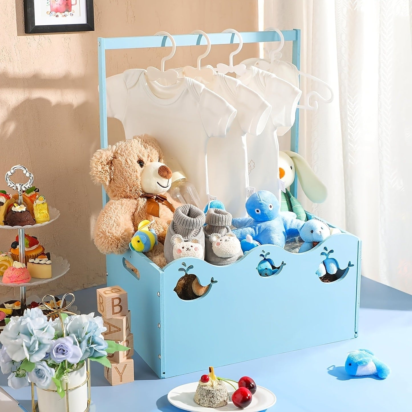 Wooden Baby Shower Gift Basket Crate with Handle Storage Hamper Baby Registry Gift for Laundry Rooms, Closets and Home Organization