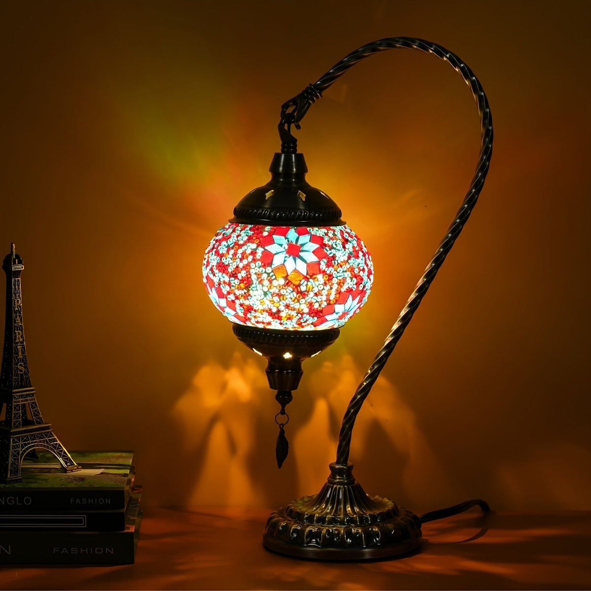 Table Lamp with Swan-Neck Mosaic Glass Shade, Metal Base, Six Color Options and Three White-Light Modes