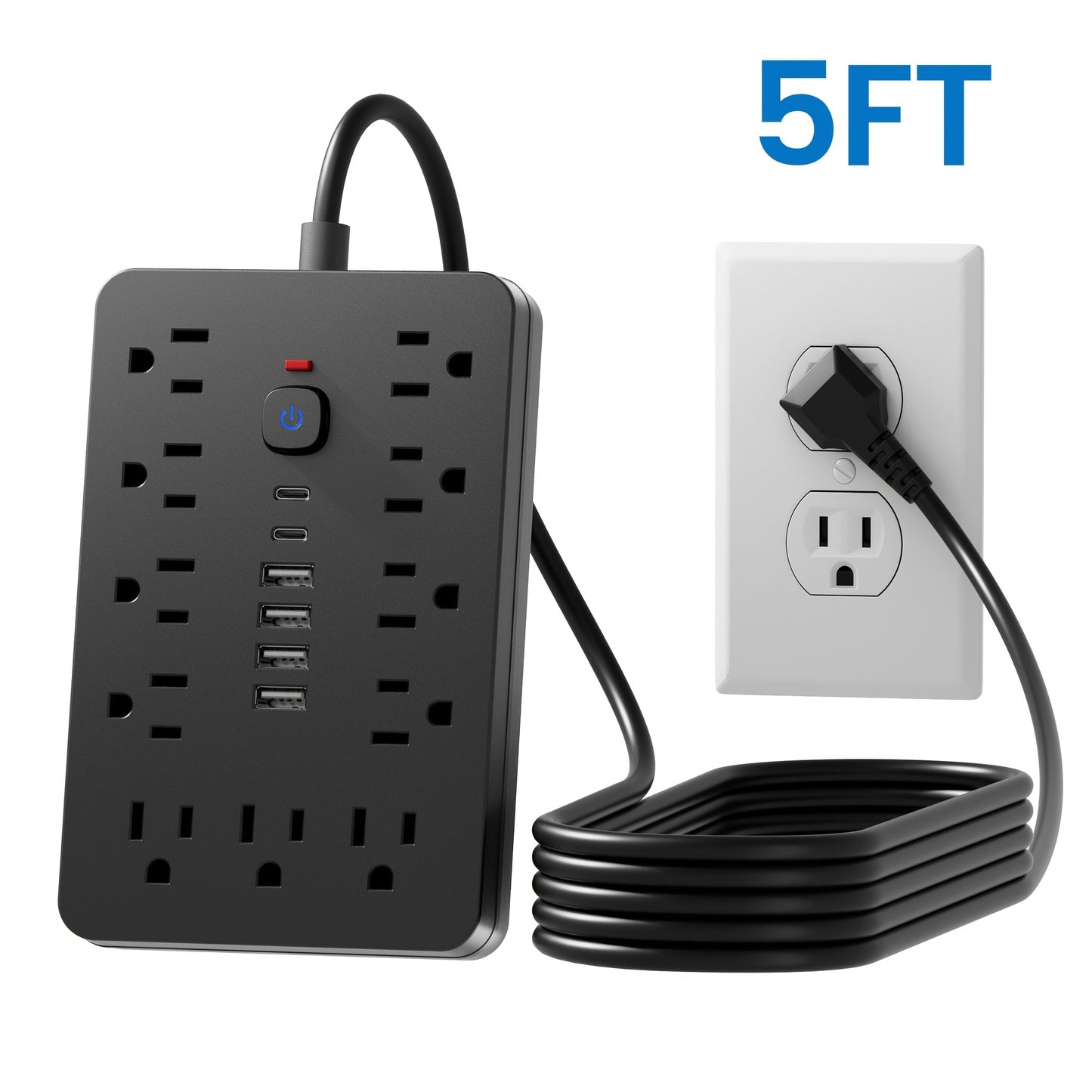 Power Strip with 11 AC Outlets, 4 USB-A, 2 USB-C and Short, 5-Foot or 10-Foot Standard or Braided Cord