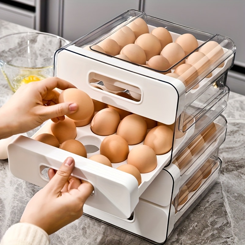 Egg Storage Container 32 Grid Double Layer with Drawer | Fridge Egg Holder Organizer | Sturdy PET+PP Stackable Egg Tray for Refrigerator