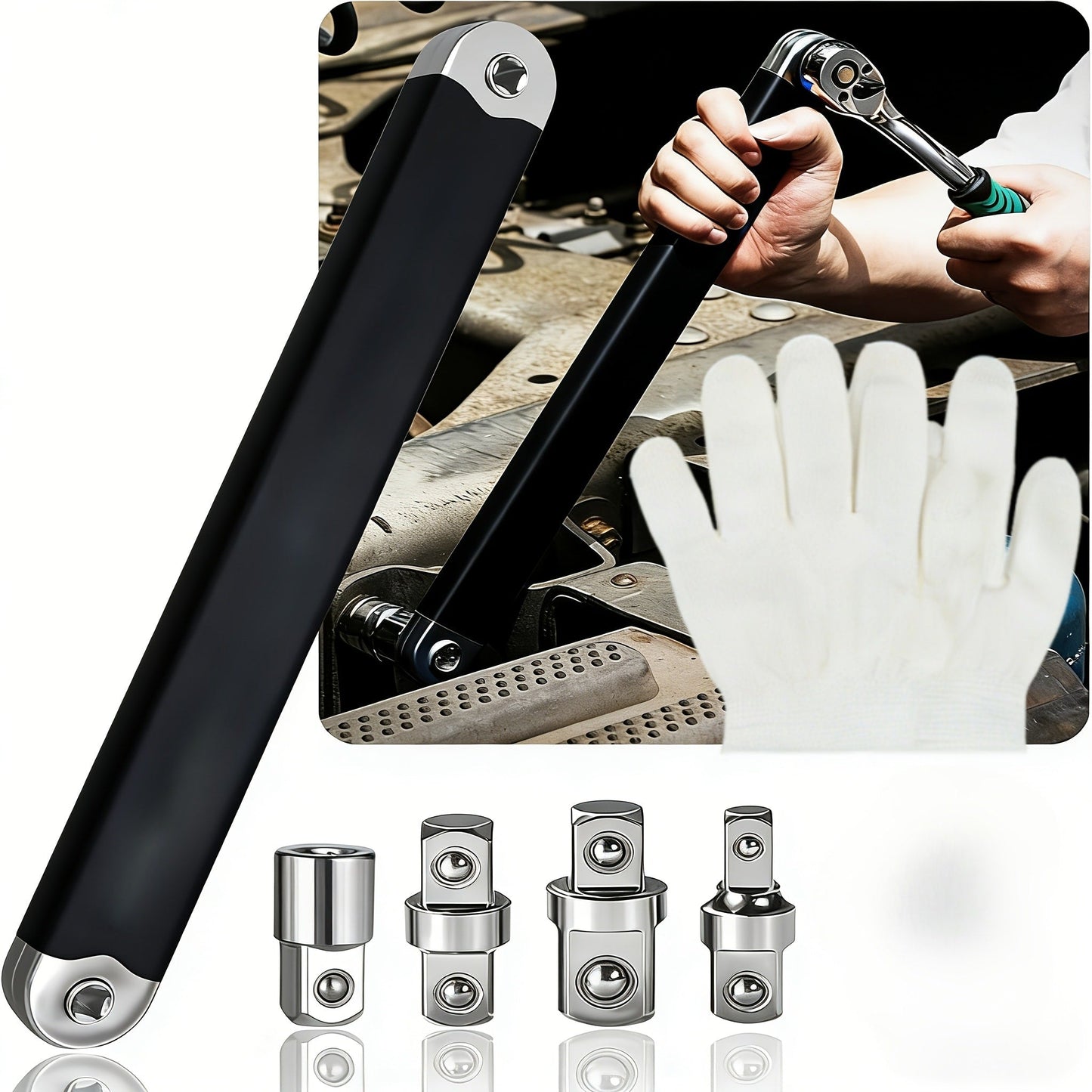 Zero Offset Extension Wrench Set 15-Inch – Impact-Ready 3/8" Ratchet Wrench with 1/2", 1/4" & 3/8" Drive Adapters