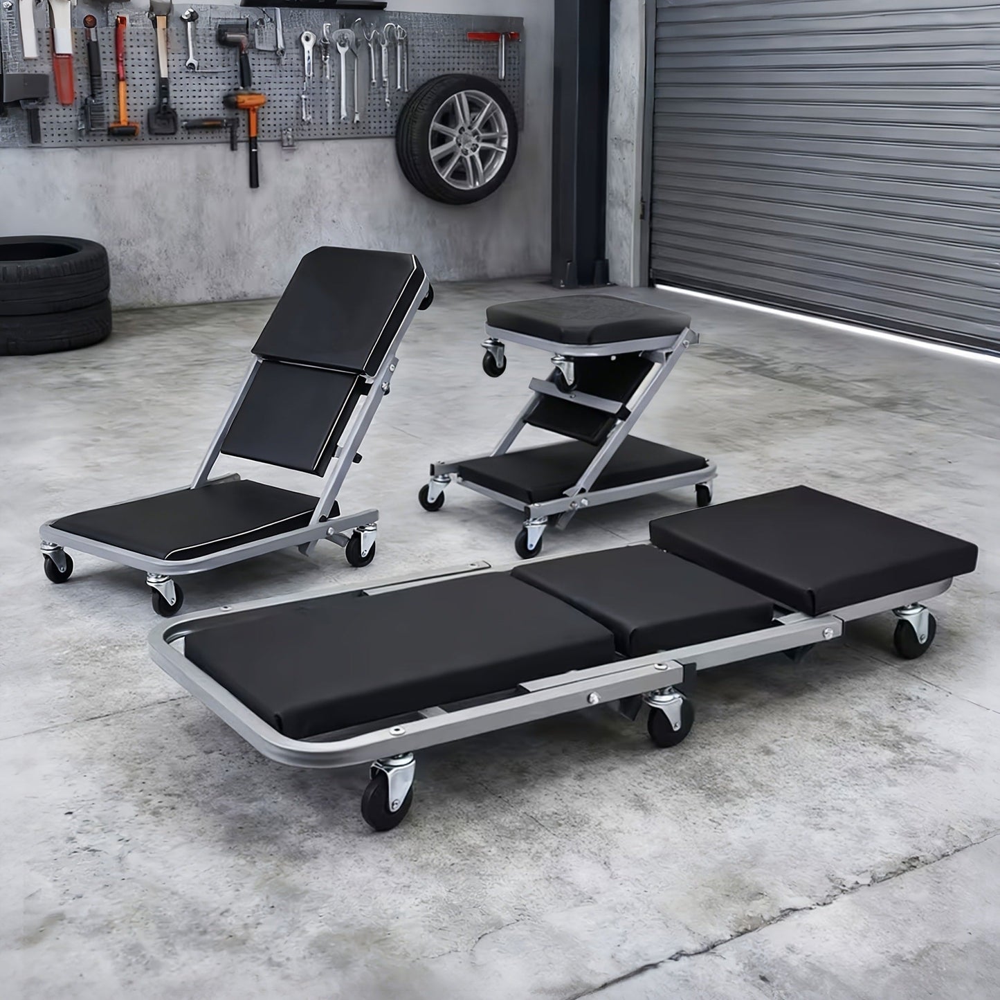 Rolling Mechanic Creeper Stool 300 lb – Foldable Z-Shape 3-in-1 Crawler Seat & Sliding Work Stool with 6 Swivel Casters
