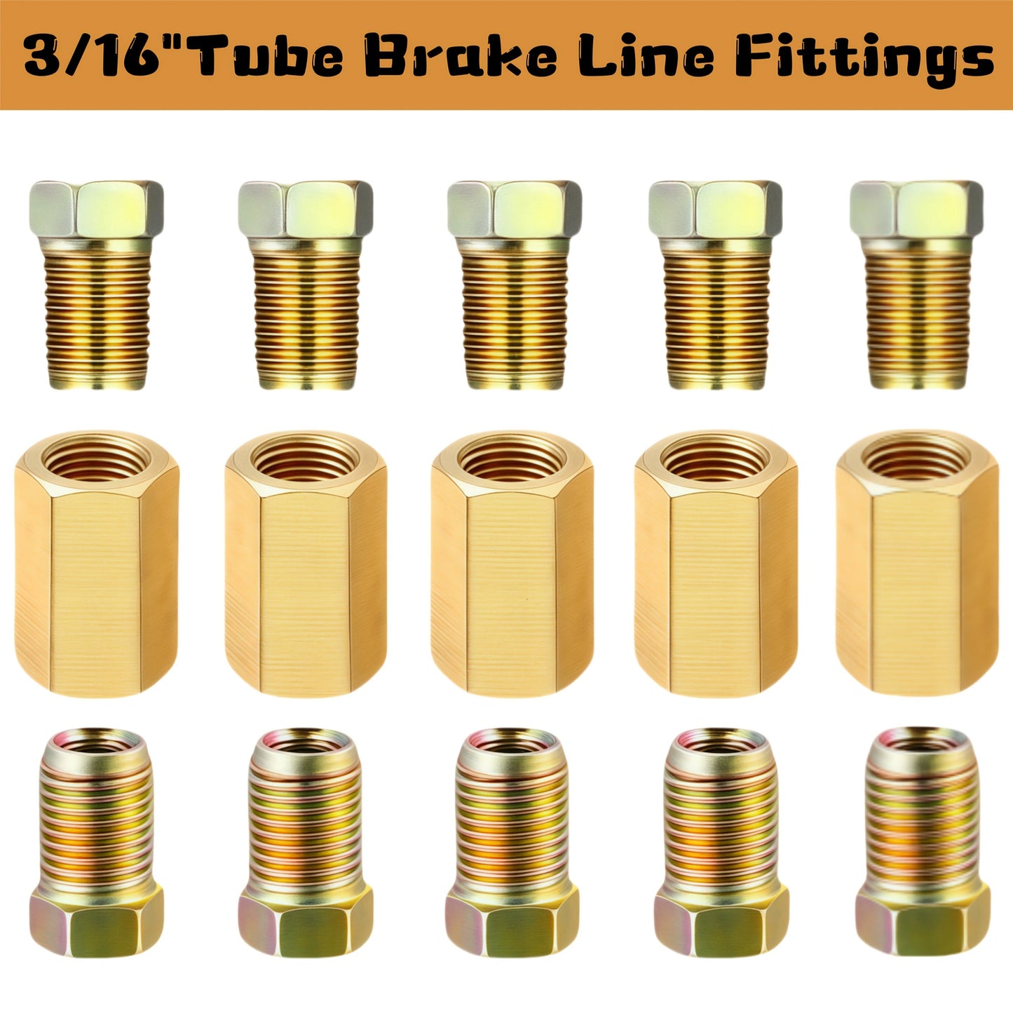 Brake Line Fittings Assortment Kit – 3/16", 1/4", 5/16" & 3/8" Tube Sizes, Inverted Flare Union Connectors, Multiple Thread Sizes
