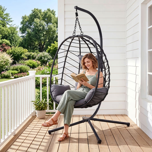 Egg Swing Chair, Rattan with Stand - Wicker Hanging Egg Chair with Cushion & Headrest shown in the main product view
