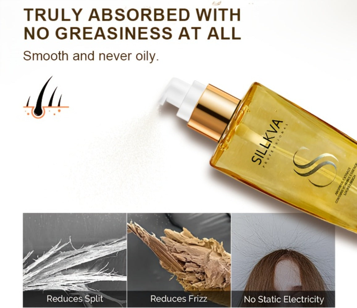 SILLKVA Argan Oil Liquid Hair Serum, Frizz Control & Flyaway Tamer, Smoothing Leave-In Treatment for Dry Damaged Hair