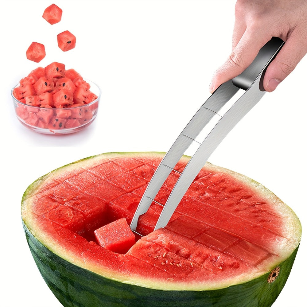 Tong-Style Watermelon Cube Cutter with Stainless Steel Arms, Marked Spacing and Black Handle
