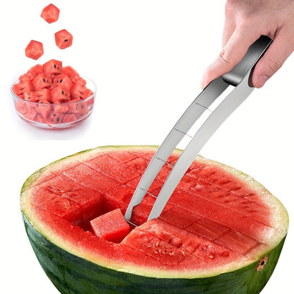 Tong-Style Watermelon Cube Cutter with Stainless Steel Arms, Marked Spacing and Black Handle
