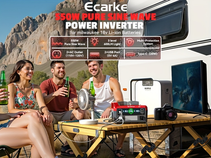 Pure Sine Wave Inverter 550W for 18V Battery - DC 18V to AC 110V, 2×USB-C 20W Fast Charge, 2×USB-A