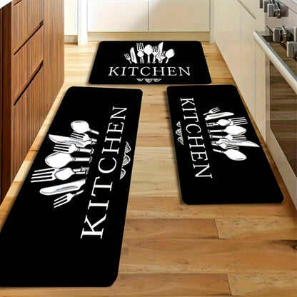 Kitchen Mat Set, 3-Piece Black Alphabet, Knife and Fork Pattern Rugs with Printed Wash-Care Instructions