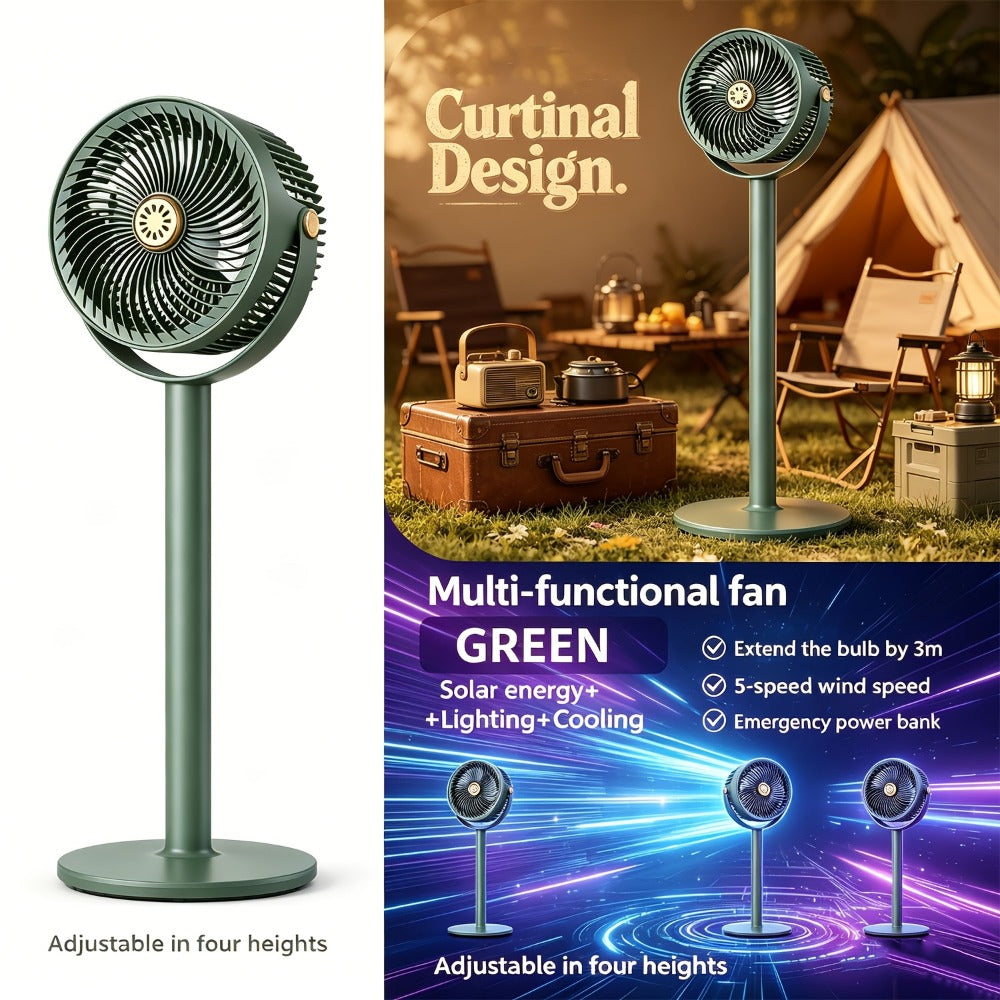 Solar Floor Fan 33-Inch Rechargeable 4000mAh USB Standing Fan Power Bank 2-in-1 360° Tilt for Entryways, Bedrooms and Living Spaces