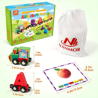 Magnetic Wooden Alphabet Train Set 27PCS ABC Letter Learning Toy with 42 Double-Sided Flash Cards