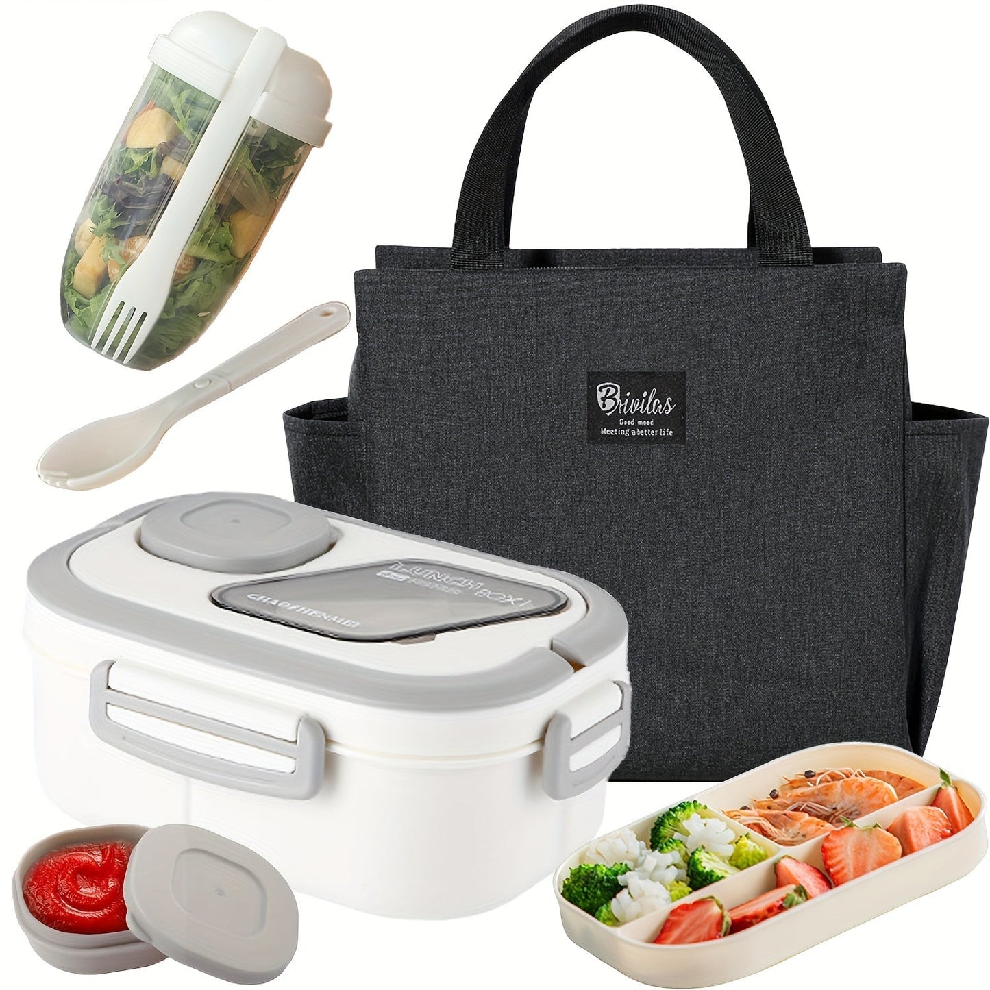 2-Layer Bento Lunch Box Set with Cup and Meal Bag - Multi-Grid Lunch Box for School, Office & Outdoor Picnics