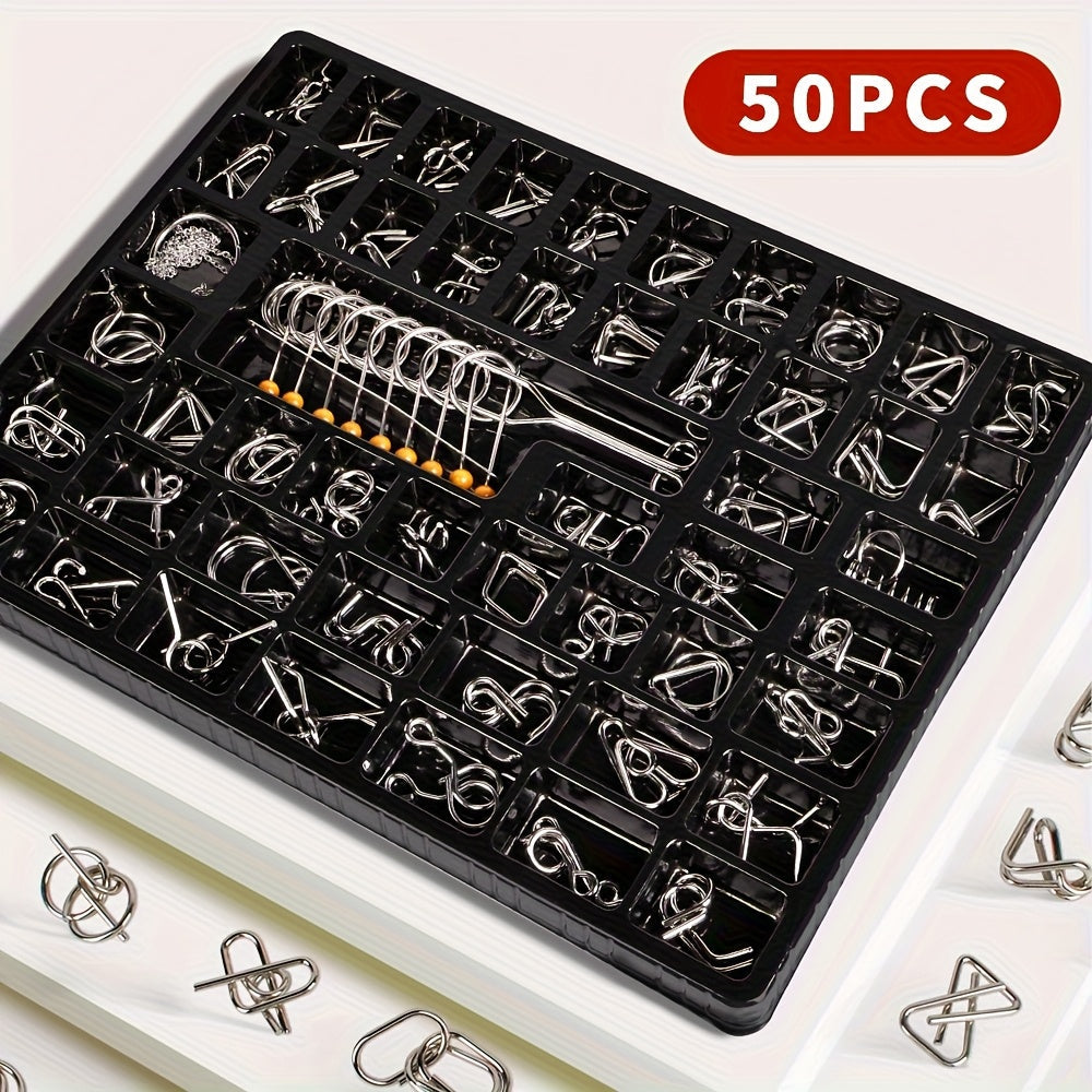 Metal Brain Teaser Puzzle Set 50 Pack, Golden Unlock Iron Chain Link Toys, Nine Rings Kongming Lock