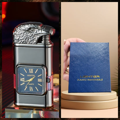 Double Flame Windproof Lighter Creative Retro Metal Lighter Dragon Eagle Gun Shape Quartz Dial Portable Outdoor Lighter Men Gift Box Butane