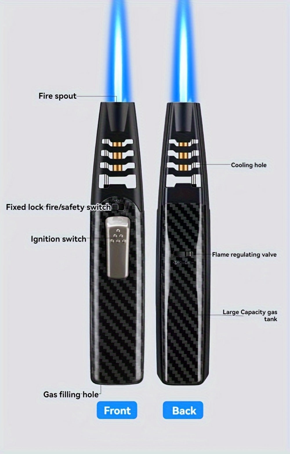 Kitchen Torch Lighter Carbon Fiber Windproof, Adjustable High-Temperature Flame with Safety Lock